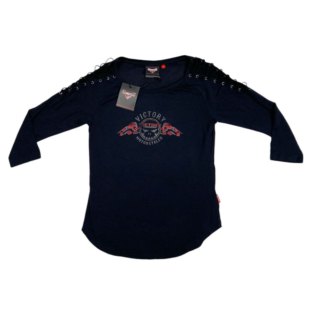 Victory Motorcycles Lace Up Skull Roses Bling Shirt XS Stretchy Biker